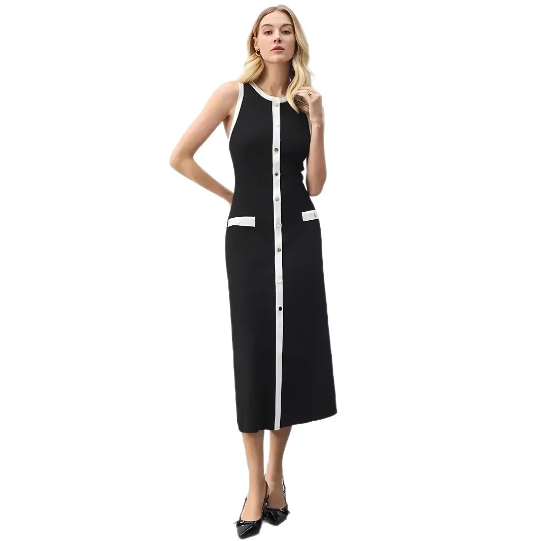 Knit Ribbed Cardigan Maxi Dress Female High Waist Slim Pocket