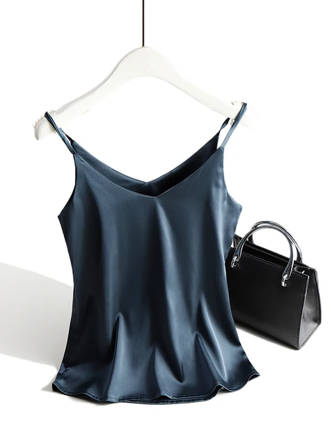 2022 Spaghetti Strap Top Women Halter V Neck Basic White Cami Sleeveless Satin Silk Tank Tops Women'S Summer Camisole Navy Blue