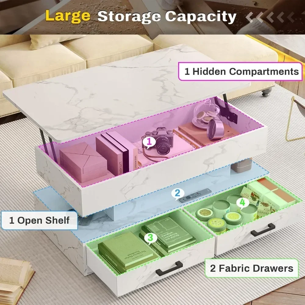 40" Lift Top Coffee Table, Coffee Tables with Storage for Living Room, Small Coffee Table with 2 Fabric Drawers & LED Lig 4