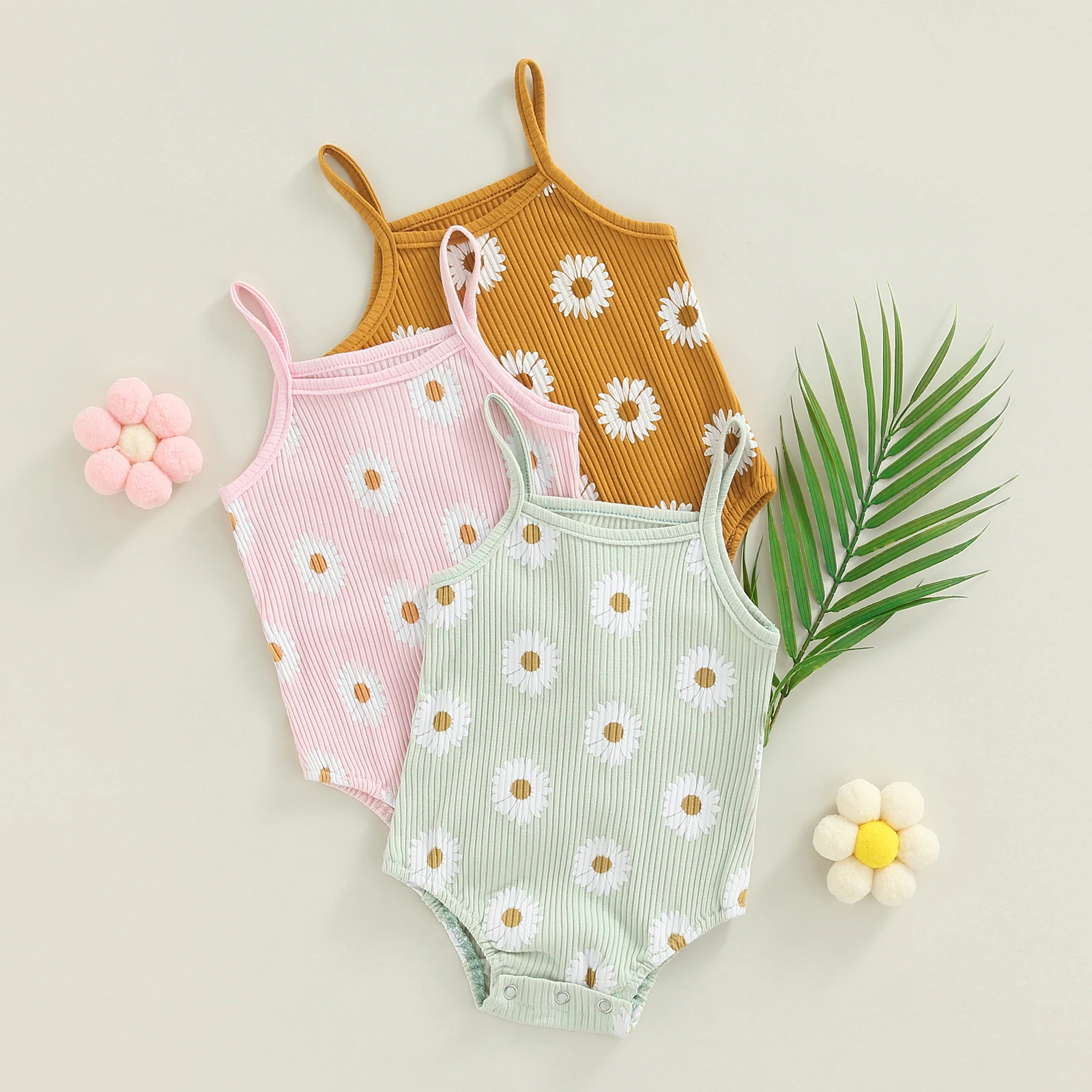 Citgeett Summer Infant Newborn Baby Girls Bodysuit Sleeveless Spaghetti Strap Daisy Print Jumpsuit Clothes