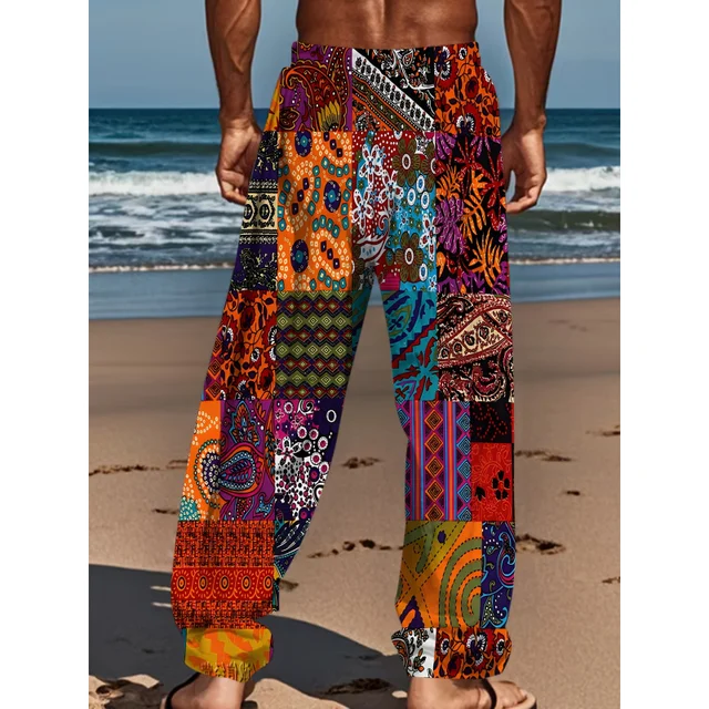 MEN'S Casual Bohemian Printed Drawstring Straight Leg Pants With Slight Stretch Loose Fit Active Trousers With Vintage Style 2