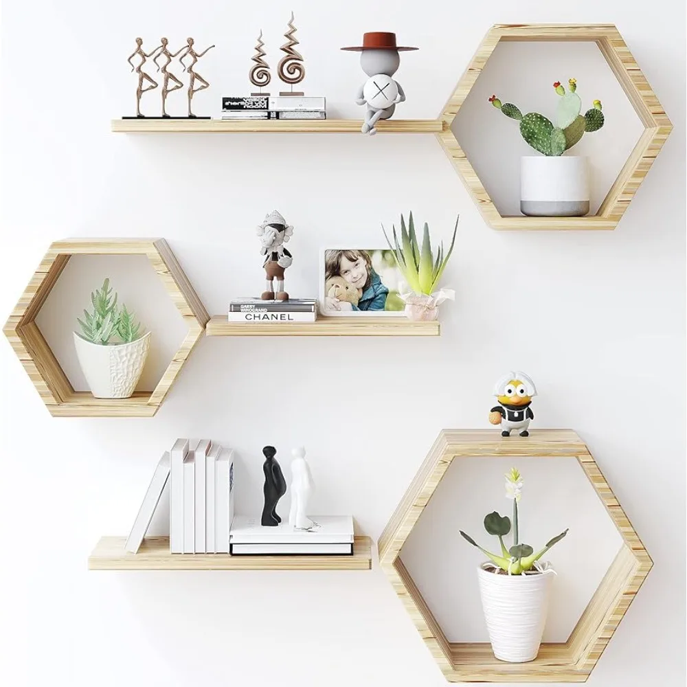 

Wooden Hexagon Floating Shelves Wall Mounted - Set of 6 Pine Wood Hexagon Shelves Display for Photos,Plants,Rustic Honeycomb