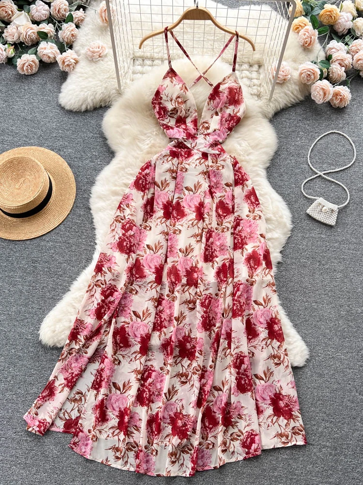

Summer Beach Floral Long Dresses for Women Sexy Deep V Neck Backless Cross Slim High Waist Split Chiffon Boho Dress Streetwear