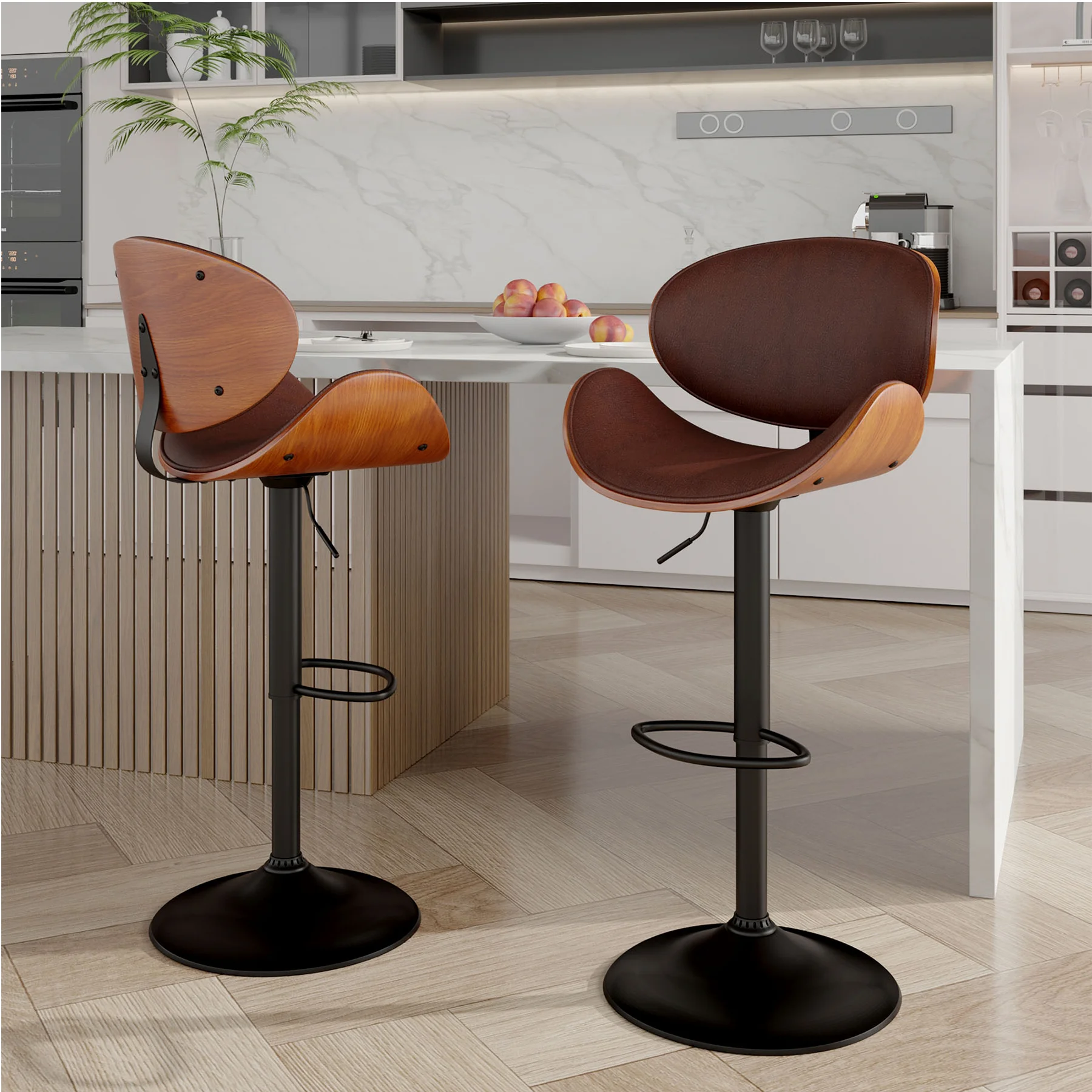 Rotating Bar Stool 2-Piece Set with Backrest and Footstool, Pu Leather Cushion Counter Height Bar Chair for Kitchen and Restaurant