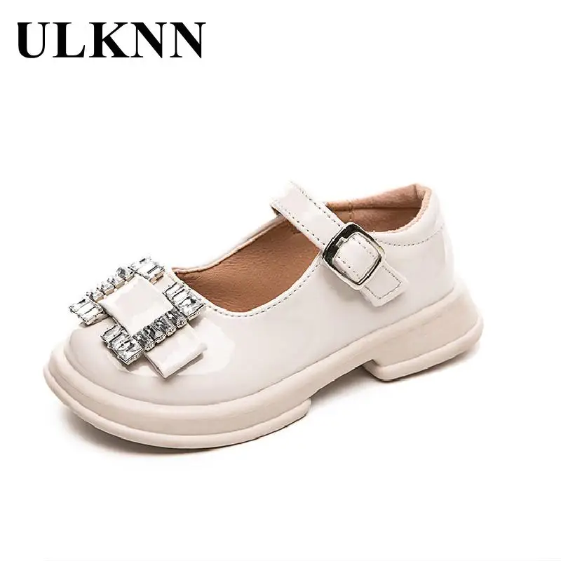 Girl Beige Leahter Shoes Fall 2023 New Waterproof Single Rhinestone Shoes Child Comfortable Shoes Black Student Performance Shoe