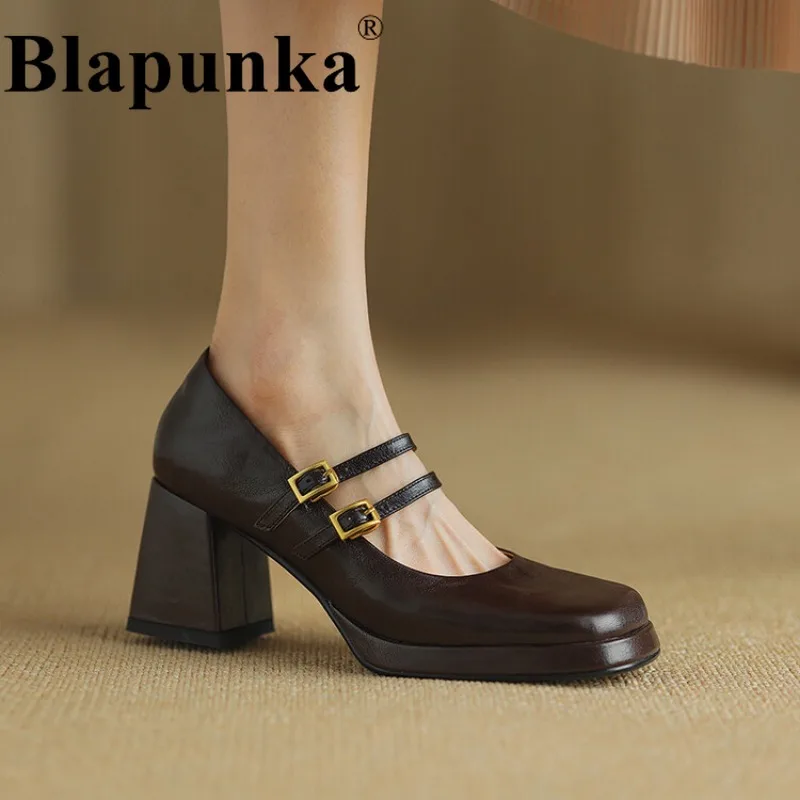 

Blapunka 33-40 Women Sheepskin Leather Pumps Chunky High-Heeled Double Strap Buckle Shoes Retro Brown Platform Office Shoe Party