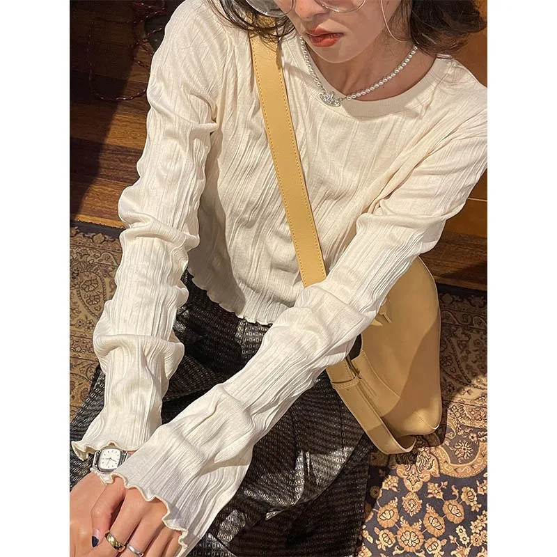 

Vintage Pleated Long Sleeve T-shirt Women Spring Autumn Casual Slim Basic Tee Shirts Korean Cintage Solid Crop Ruffle T Shirt