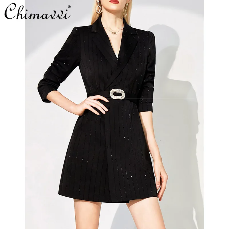 Black Elegant Office Lady Suit Jacket 2023 Winter Clothes New Luxury Fashion Mid-Length High-Waist Slim Women's Blazers Coat