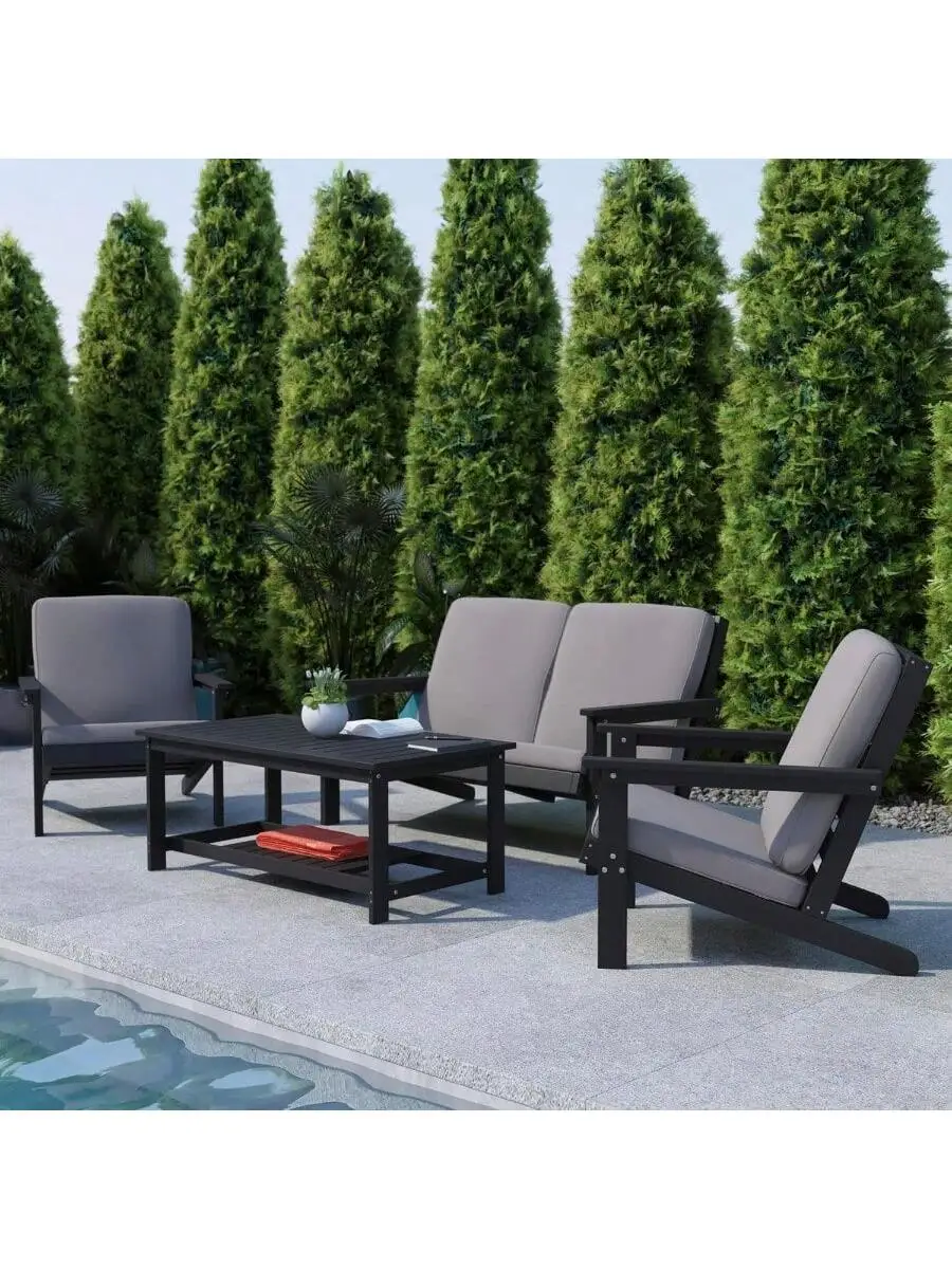 Two Tiered Commercial Grade Adirondack Coffee Table - Black Finish Poly Resin Wood - All-Weather - Slatted Shelf Design 6