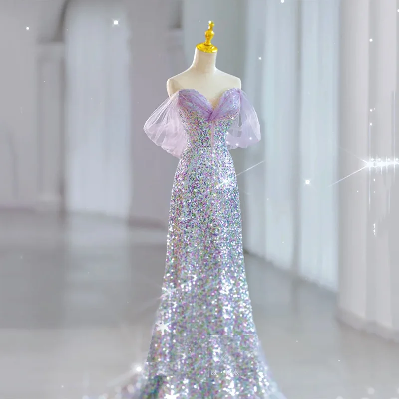 

Light Purple Sequin Evening Dress Women Boat Neck Splicing Fishtail Floor Length Cocktail Dresses Elegant Exiquisite Prom Gown