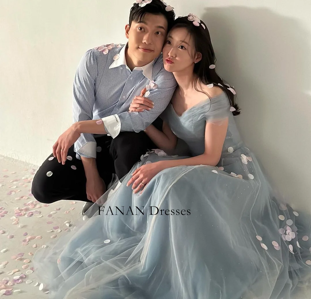 

FANAN Off the Shoulder Fashion Simple Evening Party Dresses Blue Korea Tulle A-Line Wedding Women Formal Gowns Event Prom Gowns