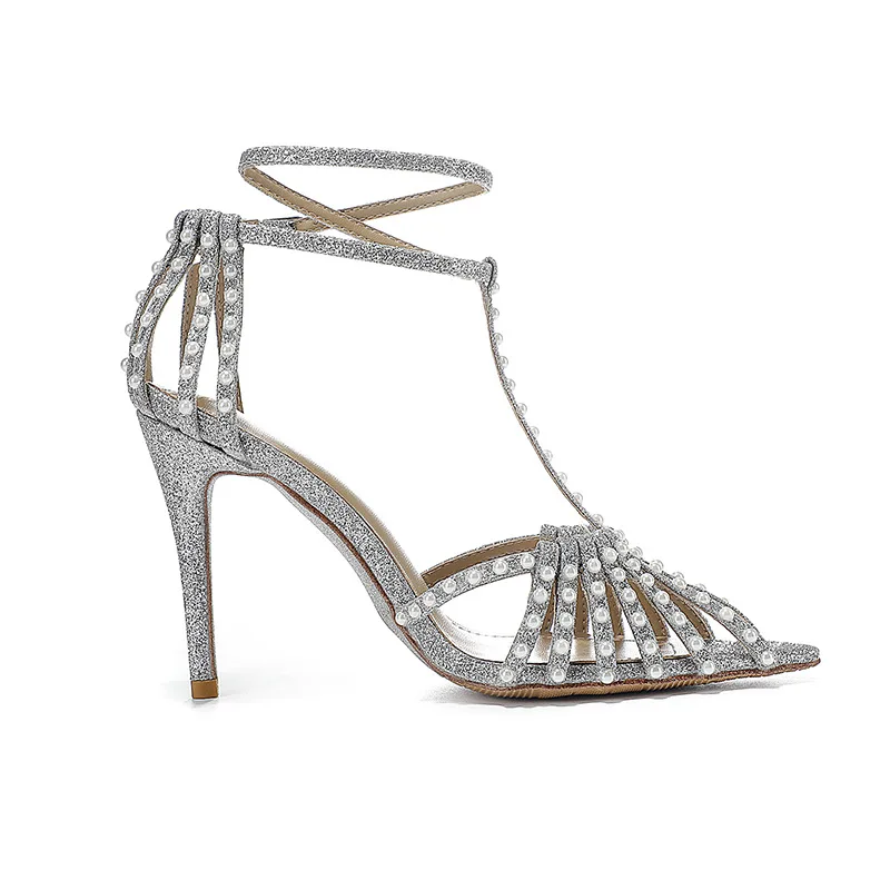 

Spring and summer sequined pearl sexy pointed bridal wedding shoes with banquet dress stiletto custom plus size women's sandals