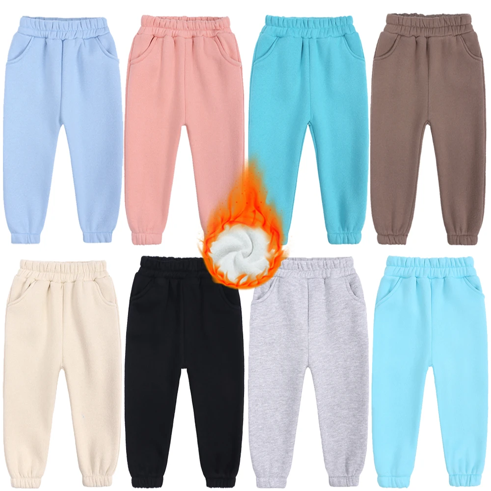 

2023 Kids Winter Fleece Long Pants Solid Cotton Warm Elastic Boy Girl Clothes Korean Autumn Teenage Thicken Sports Trouser