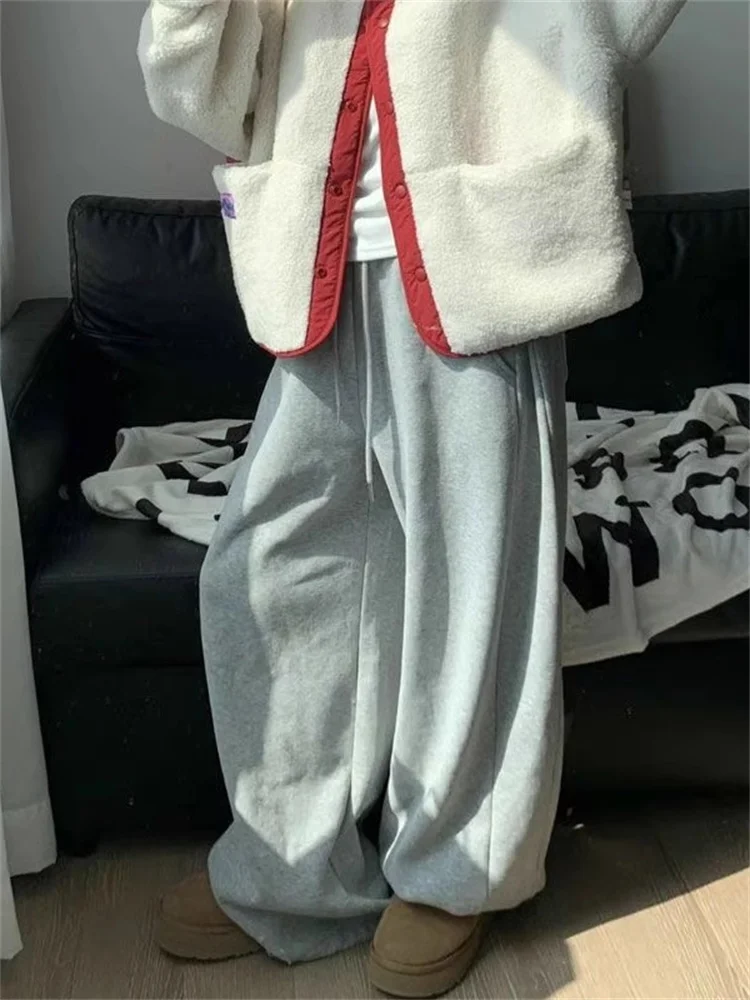 QWEEK Y2K Yellow Fleece-lined Sweatpants Women Korean Fashion Winter Pink Brushed Pants Oversized Harajuku Gray Jogger Trousers