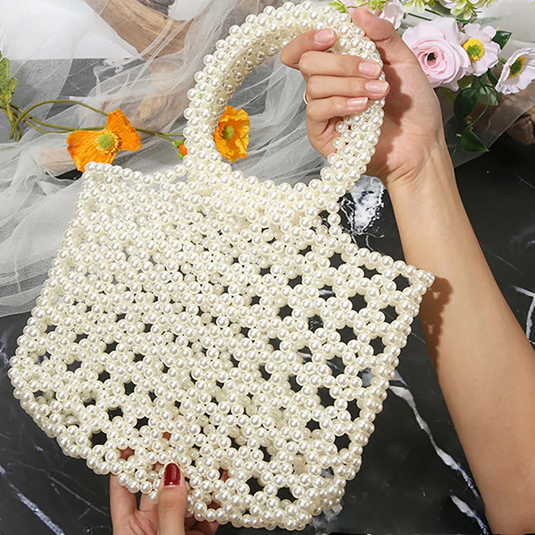 

Vintage Pearl Handbag Handmade Beaded DIY Women's Grace Messenger Bag Beads Weaving Dinner Party Bag Korean Jewelry Accessories