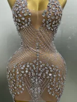 2025 New Sexy Sparkly Rhinestones Halter Backless Mesh Velour Short Dress Women Evening Prom Celebrate Birthday Party Stage Wear - Image 4