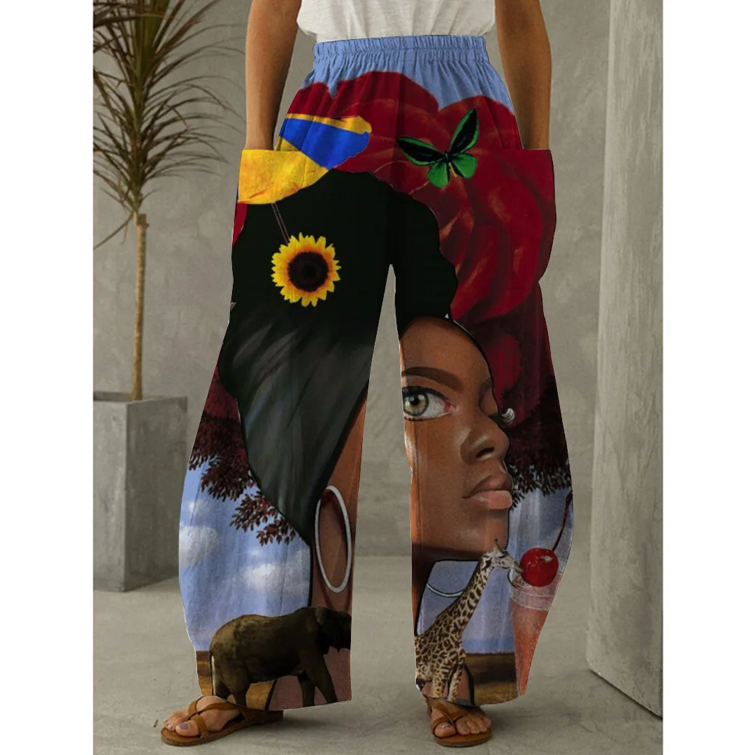 

African Girl Printing Baggy Pants Women Vintage 3D Ethnic Print Wide Leg Pant Ladies Casual Sweatpants Y2k Trousers Streetwear