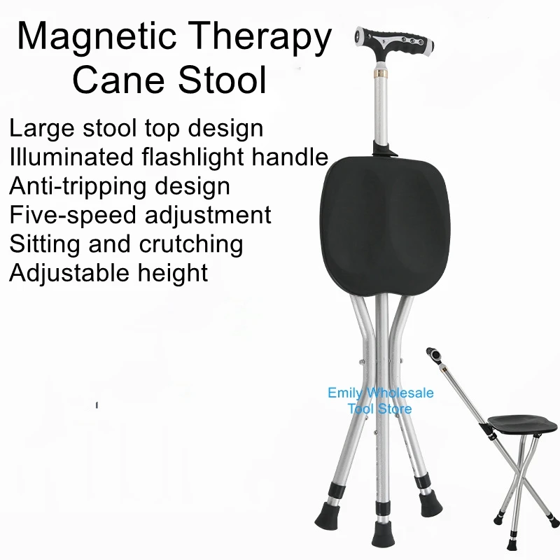 Telescopic Cane Stool with Light Three Legs Cane Chair for Elderly Aluminum Cane with Stool