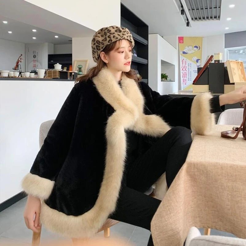 2023 New Women Faux Fur Coat Imitation Fox Fur Winter Thicken Warm Mid-Length Outwear Loose Fashion Casual Solid Color Parkas