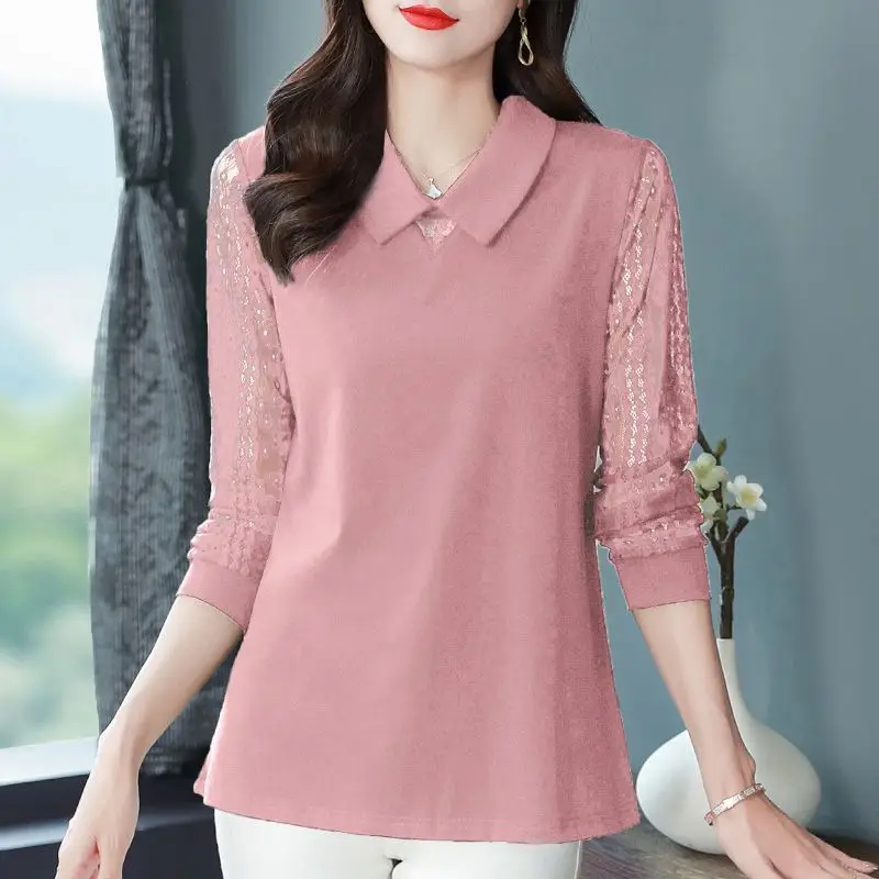 spring autumn new Doll Collar fashion Long Sleeve T-shirt women elegant Casual Loose Solid color Pullovers Lace patchwork tops