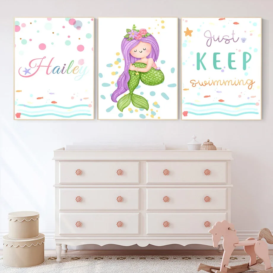 

Kawaii Mermaid Princess Bubble Name Custom Quotes Wall Art Prints Canvas Painting Posters Cartoon Pictures Girl Kids Room Decor
