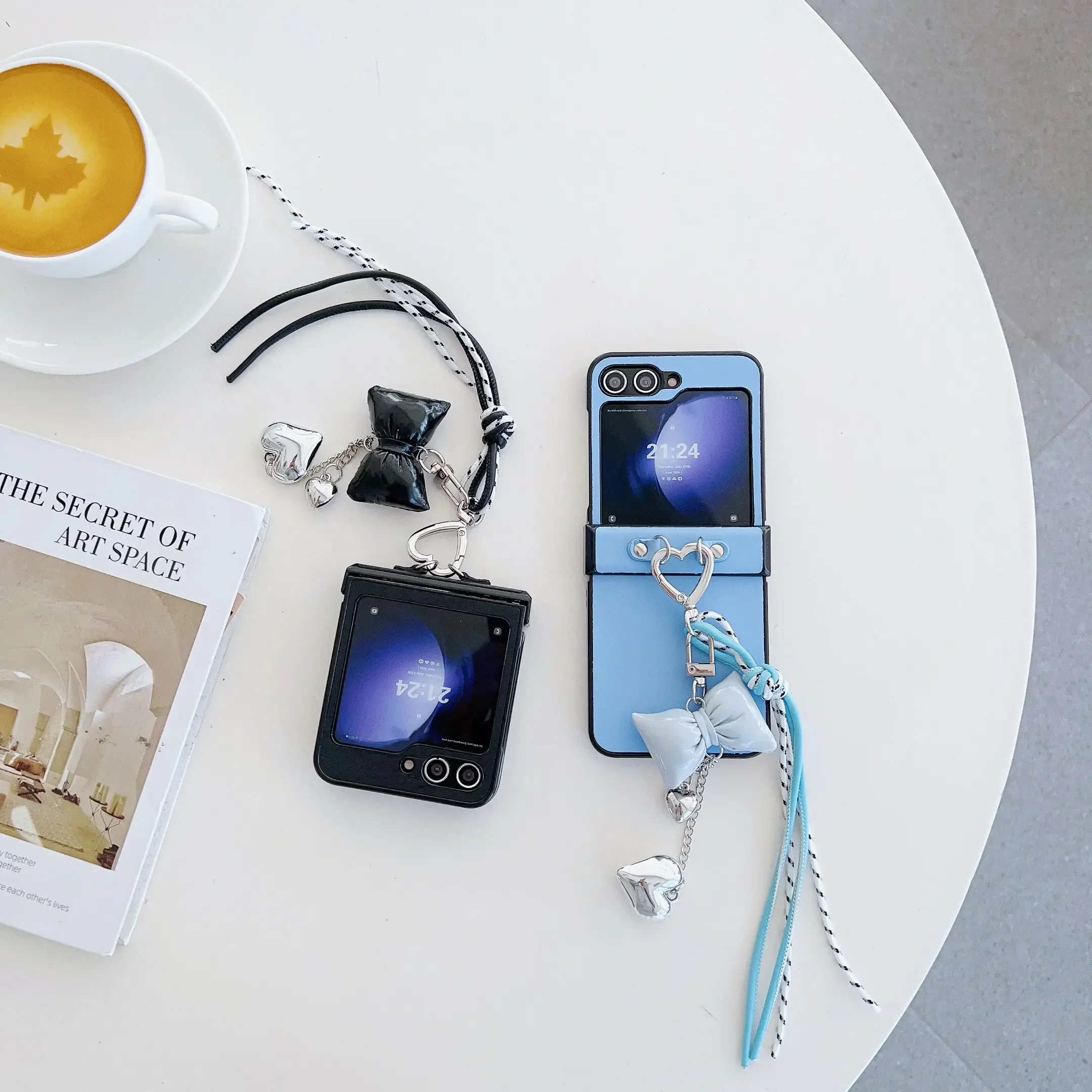 Heart Wrist Strap PU Leather Bowknot Phone Case with Hinge Protection and Shockproof Cover