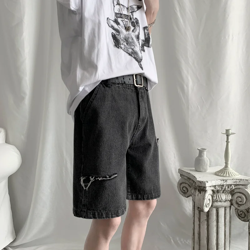 CUMUKKIYP Summer Men's Straight Denim Short Pants  Korean Fashion Casual Hole Baggy Youths Ripped Jeans Shorts