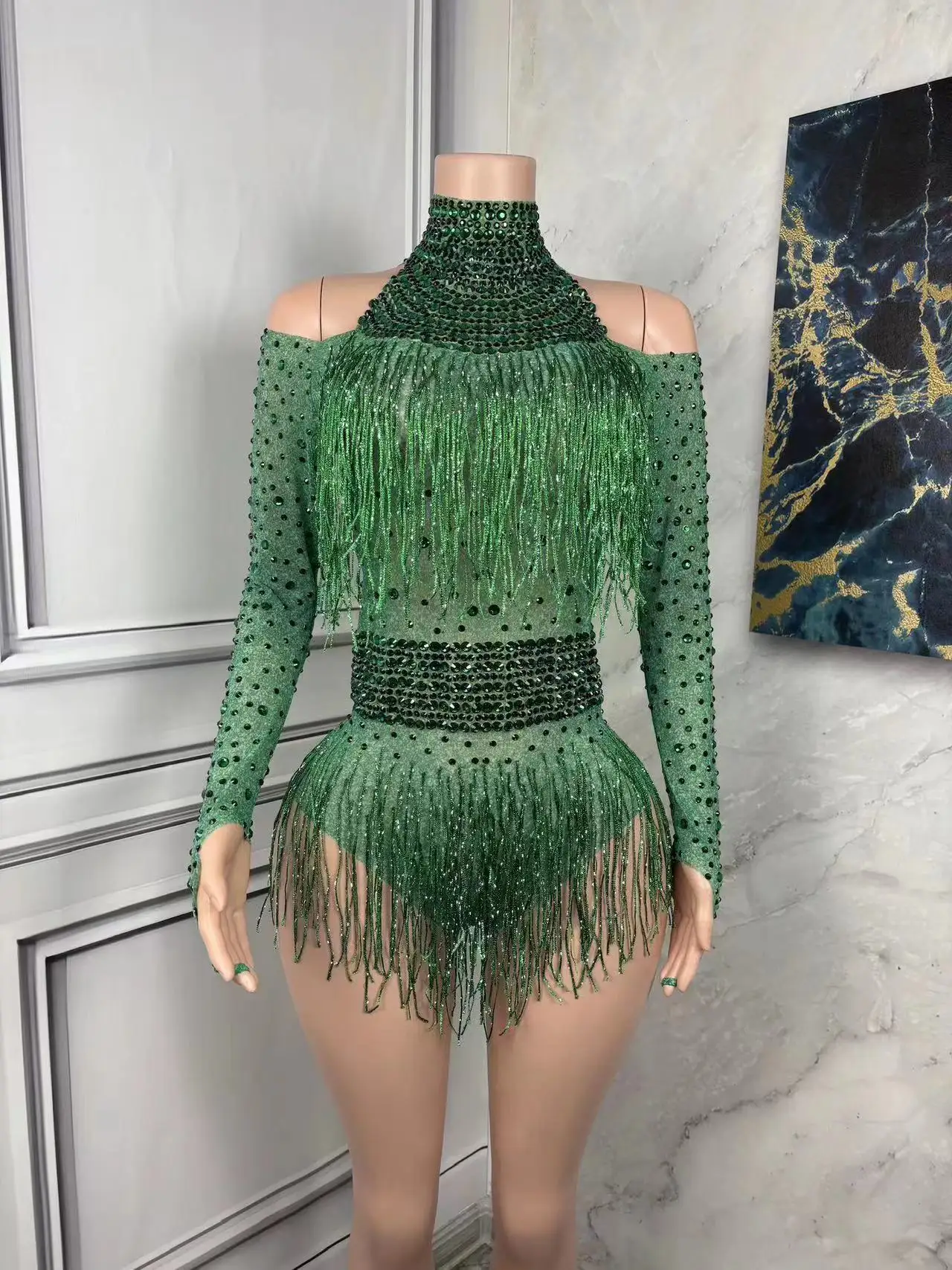 

Fringe Bodysuit Green Cocktail Elastic Photography Evening Gown Women Prom Gala Drag Queen Birthday valentine Show