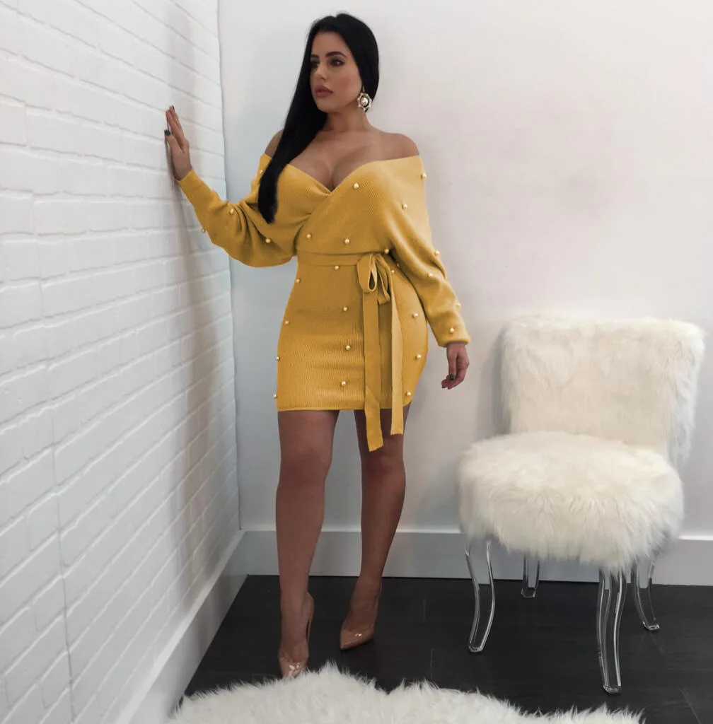

Zoctuo Glitter Elegant Pearl Beading Wrap Dress Women Knitted Off Shoulder Long Sleeve Sexy Backless Glam Sweater Cocktail Dress