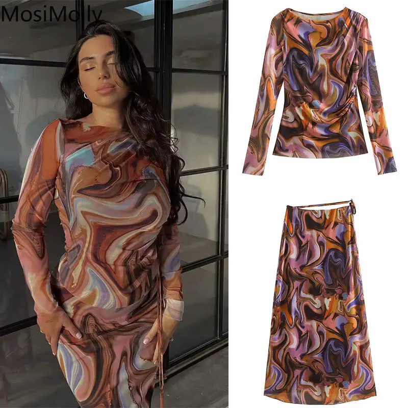 

MosiMolly 2023 Print Mesh Dress Women Party Club Dress Two Pieces Dress Chic Party Club Dress