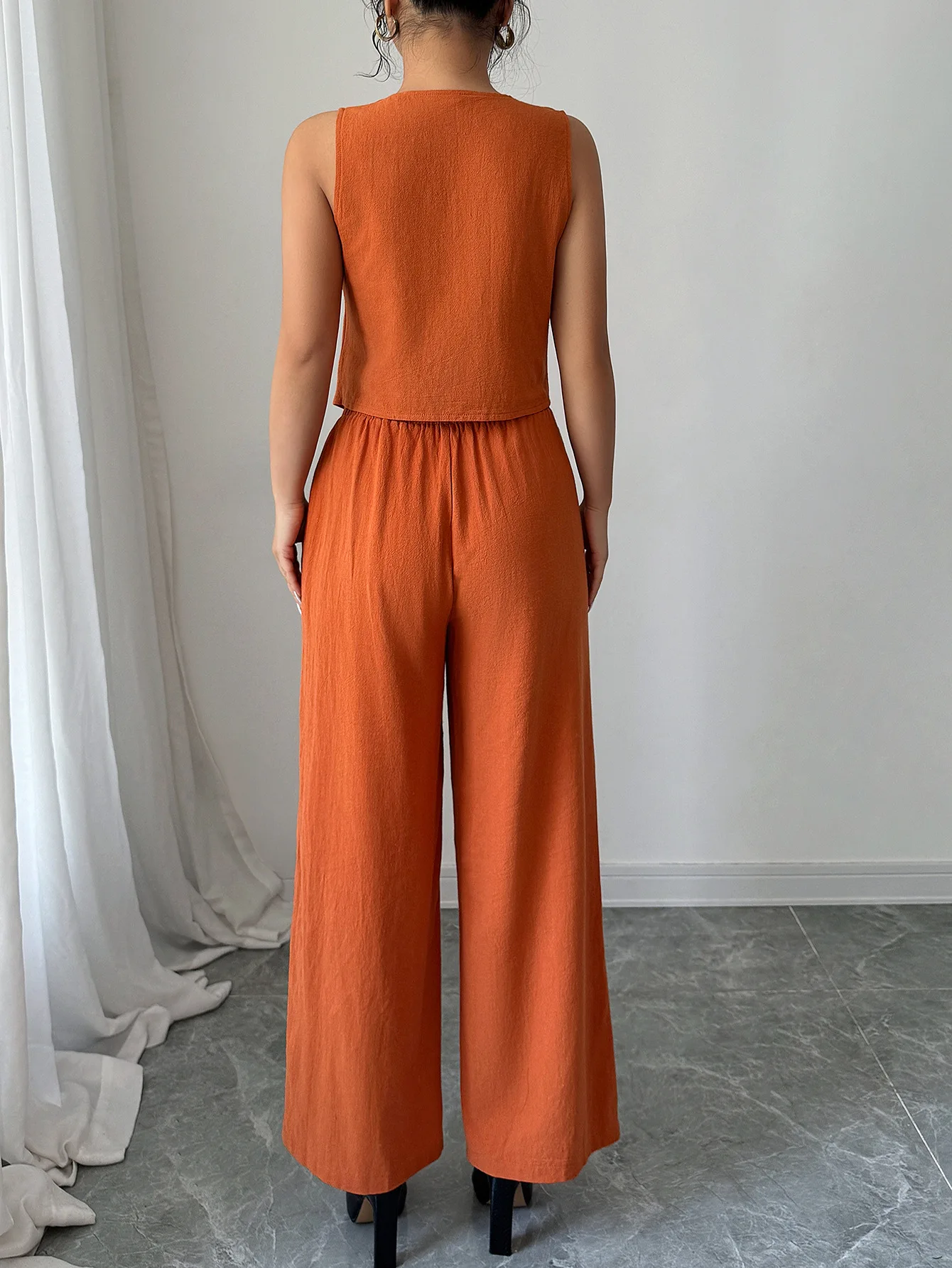 European American High-End Einfaches ärmelloses T-Shirt Hose mit weitem Bein Zweiteiliger Anzug Damen Frühling Sommer – Detail 11