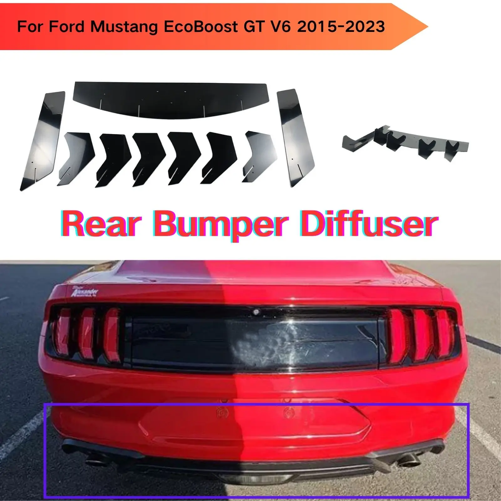 

For Ford Mustang EcoBoost GT V6 2015-2023 Rear Bumper Diffuser Car Accessories Body Kit Spoiler Splitter Diffuser Black