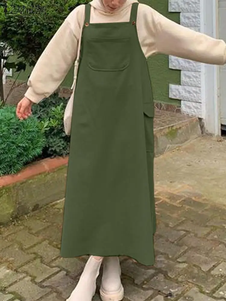 

2024 ZANZEA женский винтажный летний мусульманский хиджаб, сарафан, модное однотонное женское платье, сарафаны на бретелях-спагетти, платье-комбинезон