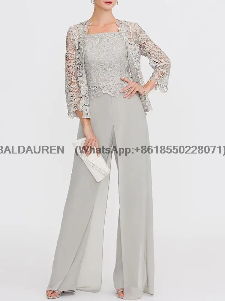 Pantsuit Mother of Bride Dress Lace Appliques Square Neck Floor-Length Wedding Party Guest customized mother bride dresses,women party dresses