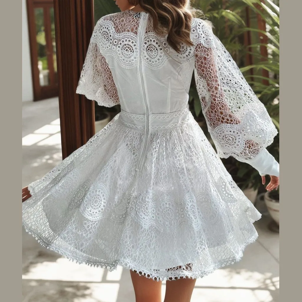 White Elegant Patchwork Embroidery Dress For Women Stand Collar Lantern Long Sleeve High Waist Dresses Female Lace Ruffled Dress