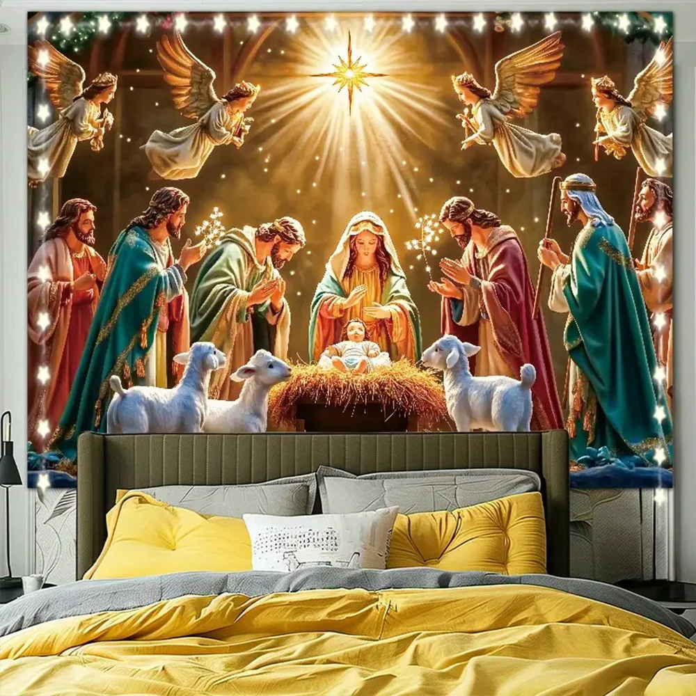 Tapestry decor Nativity Scene Starry Night Tapestry Wall Hanging Religious Manger Scene Tapestries Traditional Christmas Birthday Wall Decor
