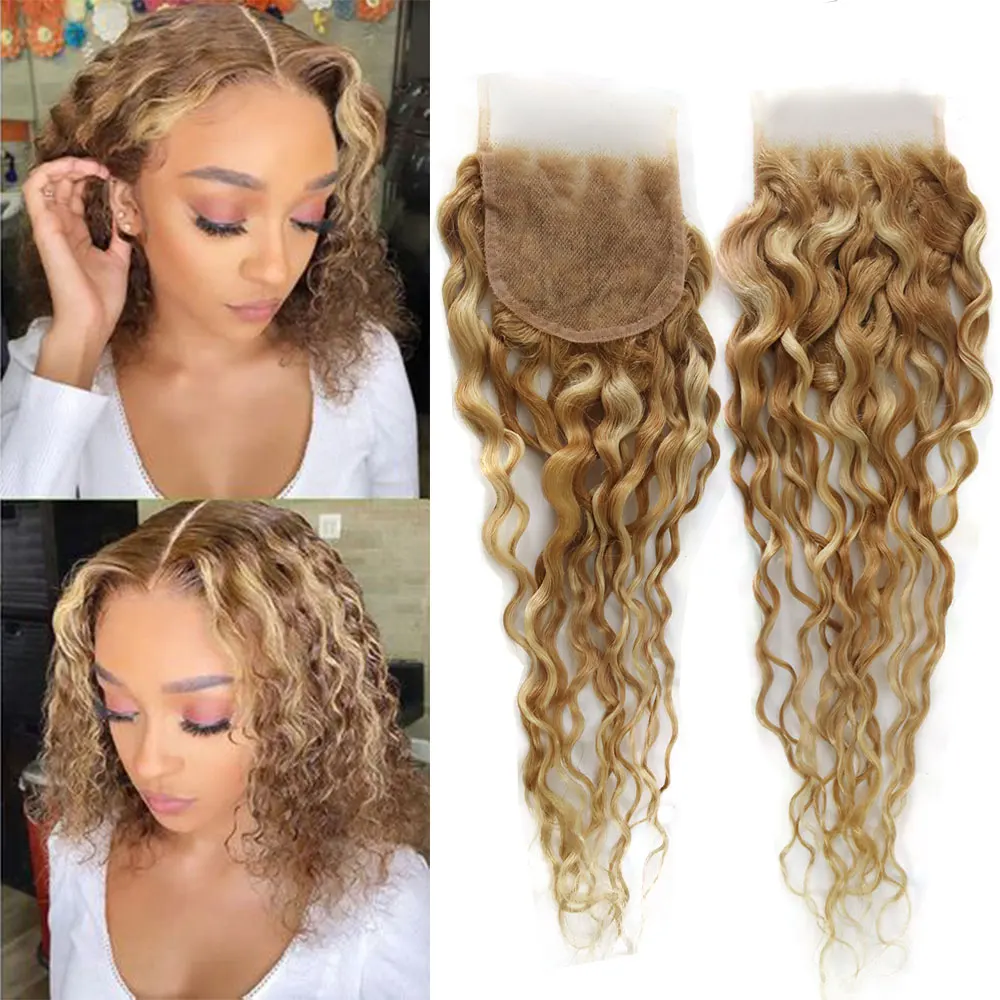 llinhua-highlight-p27-613-water-wave-transparent-lace-clsoure-4x4-body-wave-straight-human-hair-closure-honey-blonde-color