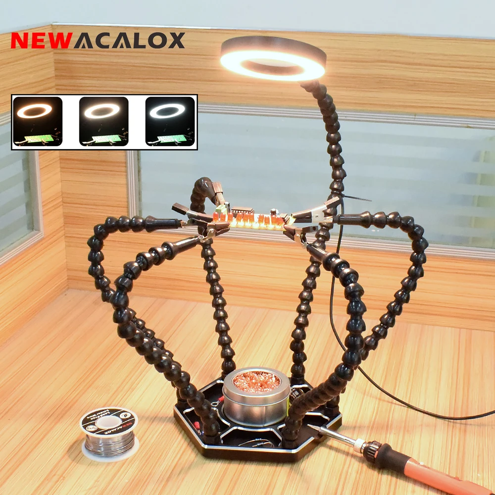 NEWACALOX Soldering Helping Hands Third Hand Tools with Large Vise Base Soldering Iron Tips Cleaner Ball 3X LED Magnifying Lamp newacalox magnetic helping hands soldering third hand pcb circuit board holder with 5x led magnifying lamp 360 heat gun holder