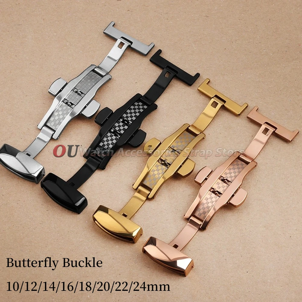 Stainless Steel Polished Butterfly Buckle Watch Strap with Metal Clasp