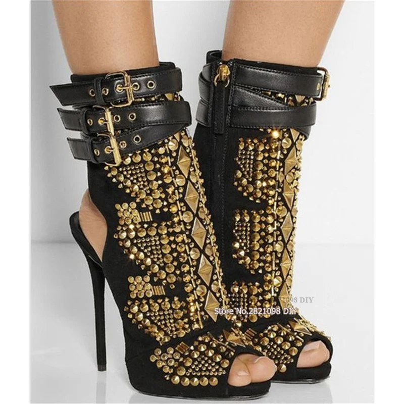 

Bling Bling Gold Rivets Embellished Women Summer Open Toe Sandal Boots Slingback Buckle Straps Gladiator Sandal Boots Party Shoe