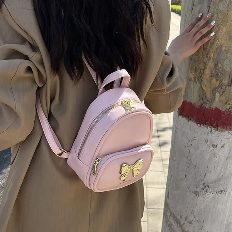 Xiuya Silver Leather Womens Backpack Summer Elegant Bow Casual Small Backpack Youth Female Fashion Aesthetic Korean Popular Bag