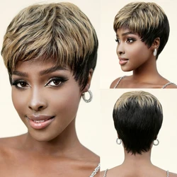 Blonde Mixed Black Pixie Cut Human Hair Wigs for Brazilian Afro Women Short Layered Human Hair Wigs Natural Bob Hairs with Bangs