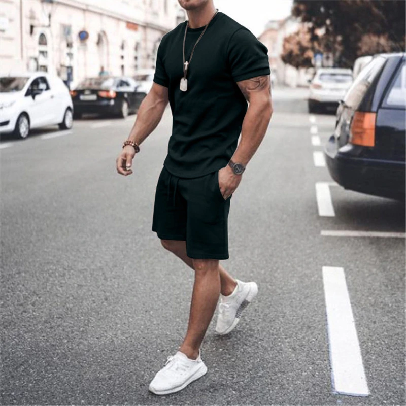 Ropa deportiva hombre, chándal de Color sólido con cuello redondo, camiseta de manga y cortos a la moda, deportivo, 2022| | - AliExpress