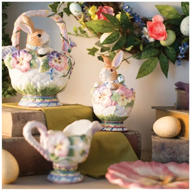 American Hand-painted Idyllic Dishes Ceramic Rabbit Teapot Coffee Cup Dinner Plates Garden Afternoon Tea Set Snack Storage