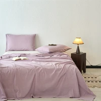 Simple Soft Plain Dyed 100% Washed Cotton Kids Baby Grade A Comfortable Flat Sheet Set 3Pcs Solid Color Bed Sheet 2 Pillowcases, 1