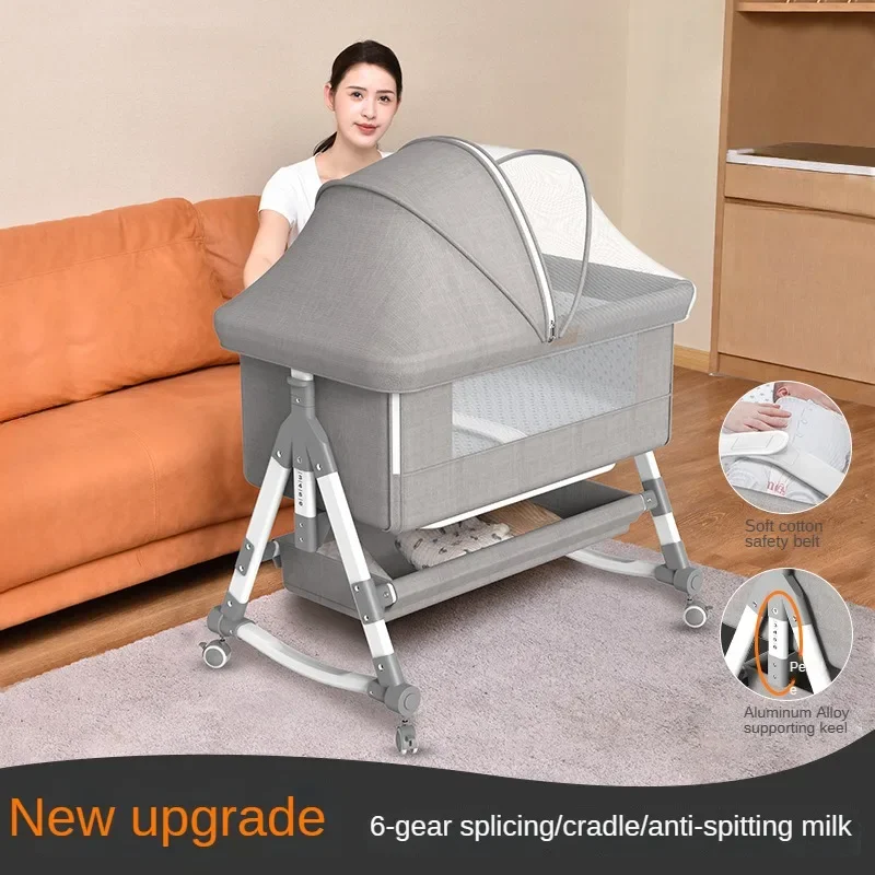 Movable Aluminum Alloy Baby Crib Portable Cradle Bed Foldable Multifunctional Newborn Spliced Bed