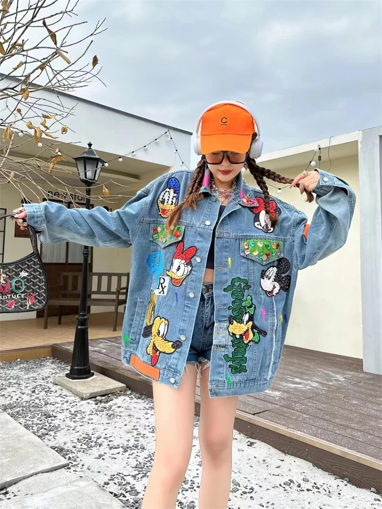 Potdemiel Fashion Brand Heavy Industry New Cartoon Printed Denim Jacket Women's Loose Personalized Diamond Embroidered Sweet Top