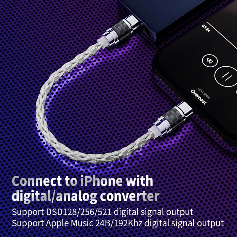 헤드폰용 Todn 8 코어 오디오 케이블, C 타입-라이트닝, 3.5mm-2.5mm-4.4mm, OTG 탄소 섬유 쉘