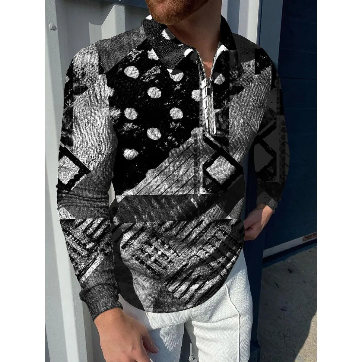 

Men's Printed Zipper Casual Polo Shirt men-s-top Color 2