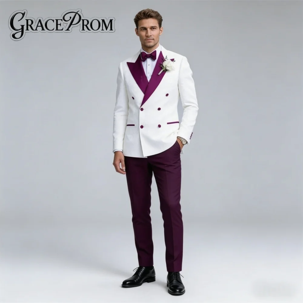 Costume de Mariage Homme Élégant Blanc et Violet avec Revers Châle